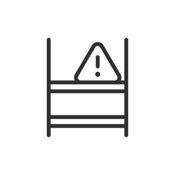 Warehouse shelf with warning sign, linear icon. Low stock alert, inventory shortage and warehouse replenishment warning. Line with editable stroke.