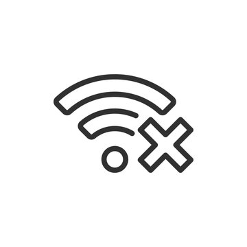 Wi-Fi symbol with cross mark, linear icon. Wireless connection failure, unavailable network and disabled internet access. Line with editable stroke.
