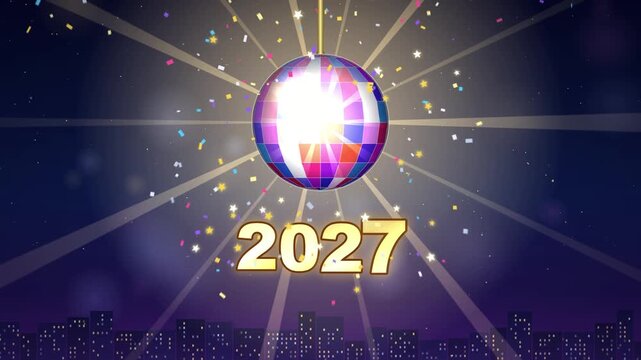 New Year 2027 celebration with a shimmering disco ball over a city skyline at night