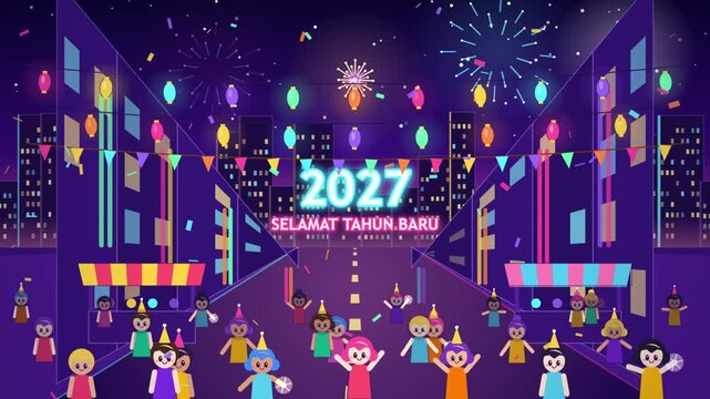 Celebration scene featuring flat vector characters on a decorated city street during the new year holiday event.