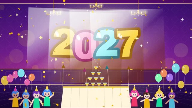 New year party display showcasing colorful numbers and a champagne glass pyramid with cheering characters below.