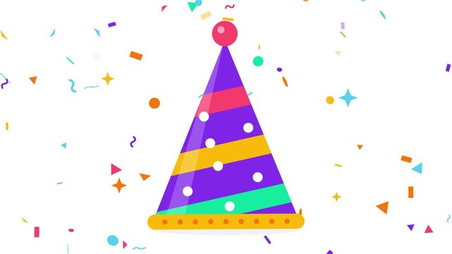 Party hat featuring colorful stripes and polka dots floats against a white background filled with falling confetti.