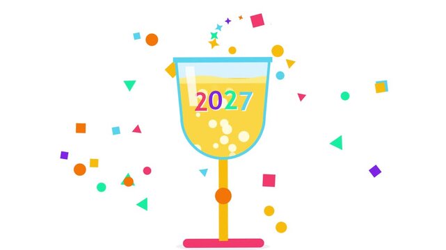 Champagne glass filled with golden liquid displays the year 2027 amidst falling confetti and bubbles.