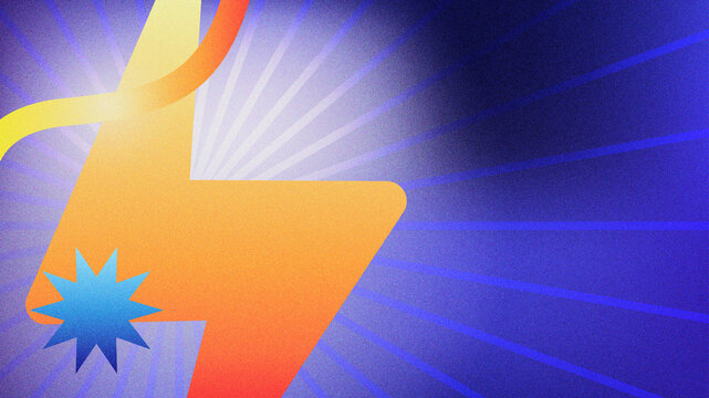 Modern thunder with yellow gradient color and blue glowing gradient mesh background. Modern retro with grainy and noisy illustraction background design.