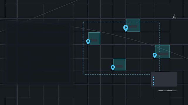 Seamless 4K looping map animation: location pins dropping onto map. Clean flat vector city map with street grid, blocks and blank labels in blue and azure on a dark background, leaving copy space for 