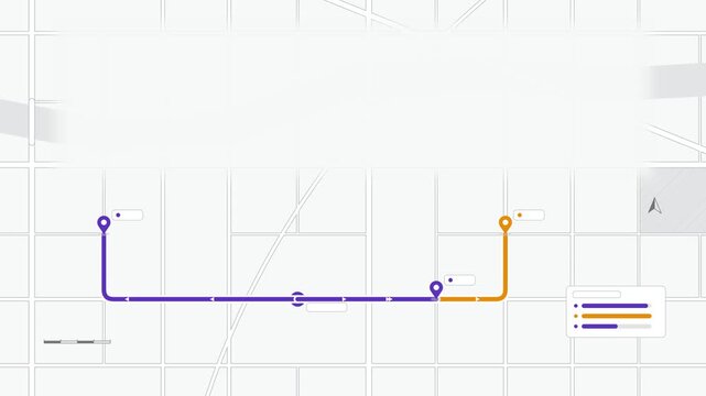 Seamless 4K looping map animation: multiple routes from single point. Clean flat vector city map with street grid, blocks and blank labels in purple and violet on a light background, leaving copy spac