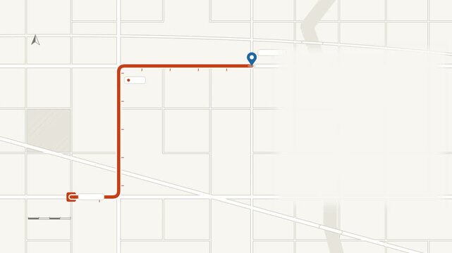 Seamless 4K looping map animation: delivery route drawing across map. Clean flat vector city map with street grid, blocks and blank labels in red and magenta on a light background, leaving copy space 