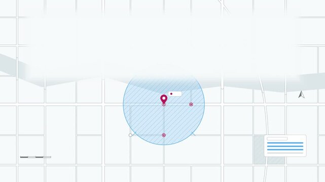 Seamless 4K looping map animation: coverage radius expanding over district. Clean flat vector city map with street grid, blocks and blank labels in blue and azure on a light background, leaving copy s