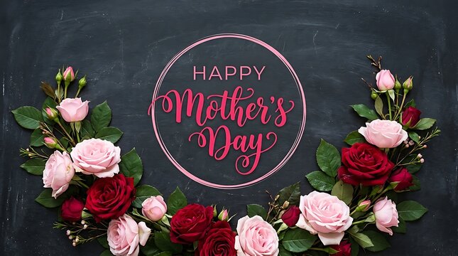 Happy Mothers Day greeting card with beautiful red and pink roses frame