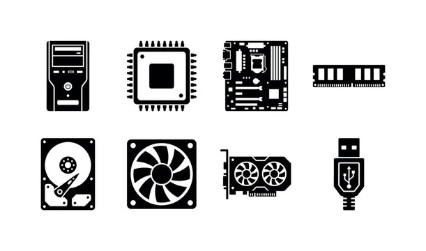 Computer Tower Hardware, solid glyph icon set featuring PC case, processor chip, motherboard, RAM module, hard drive, cooling fan, graphics card, USB port, covering computer tower, hardware, desktop
