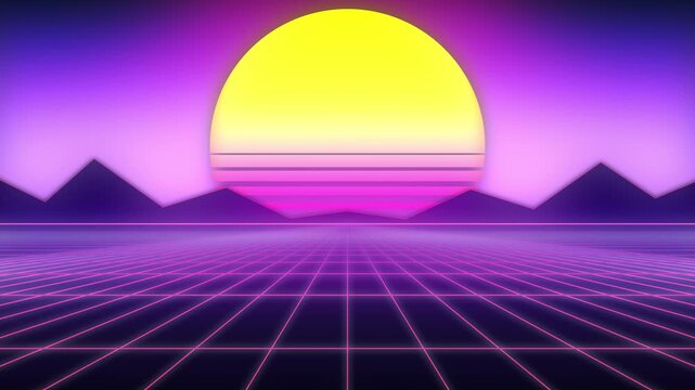 A striped sun hangs above a mountain silhouette as a neon grid extends toward the horizon. Purple and pink light fills the sky while the sun shifts upward