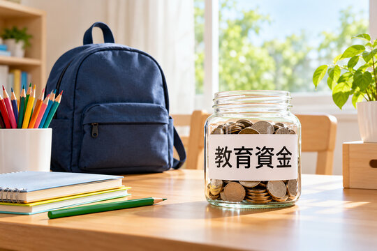 教育資金の貯金瓶と青いリュックがある学習机