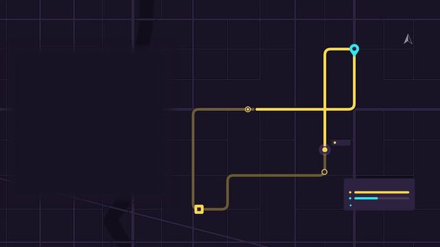 Seamless 4K looping map animation: courier moving along route path. Clean flat vector city map with street grid, blocks and blank labels in purple and violet on a dark background, leaving copy space f