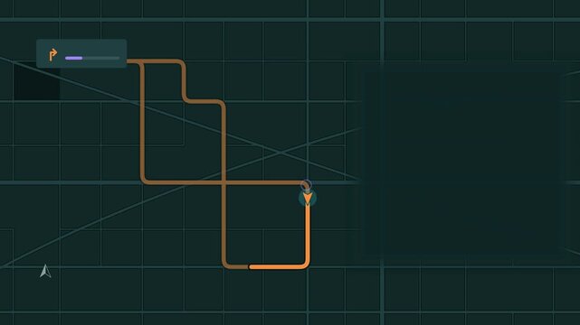 Animated navigation arrow following route turns drawn as a minimal vector city map in teal and cyan on a dark background. Smooth 4K seamless loop with blank markers and room for your own captions. Wid