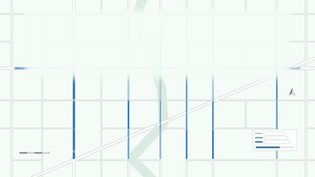 Seamless 4K looping map animation: traffic congestion levels showing streets. Clean flat vector city map with street grid, blocks and blank labels in blue and azure on a light background, leaving copy