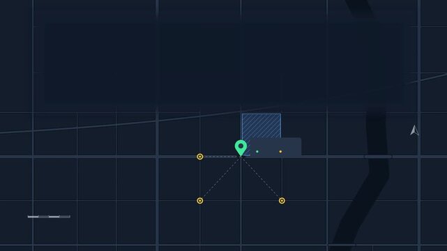 Seamless 4K looping map animation: map pin landing single spot. Clean flat vector city map with street grid, blocks and blank labels in blue and azure on a dark background, leaving copy space for your
