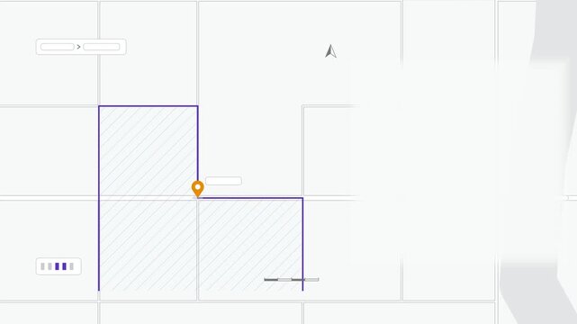Seamless 4K looping map animation: zoom into district map view. Clean flat vector city map with street grid, blocks and blank labels in purple and violet on a light background, leaving copy space for 