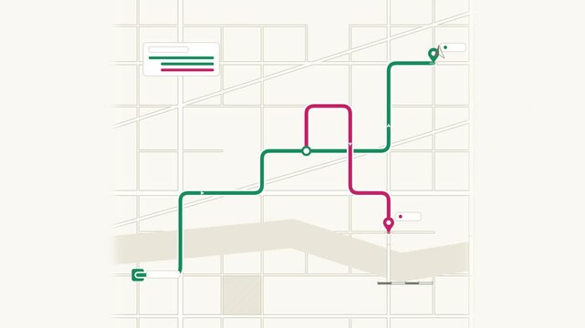 Animated routes branching across map district drawn as a minimal vector city map in green and emerald on a light background. Smooth 4K seamless loop with blank markers and room for your own captions. 