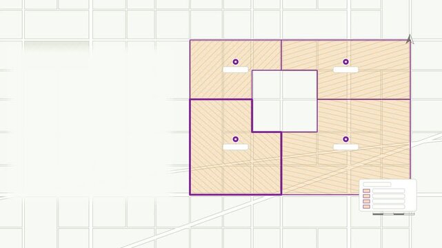 Seamless 4K looping map animation: districts highlighting one by one. Clean flat vector city map with street grid, blocks and blank labels in orange and amber on a light background, leaving copy space
