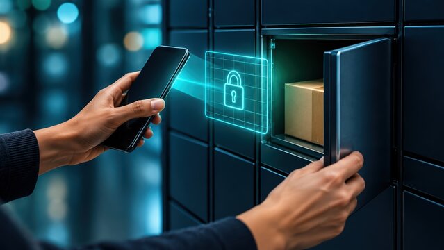 Smart smartphone authentication unlocking secure package locker station for parcel delivery services