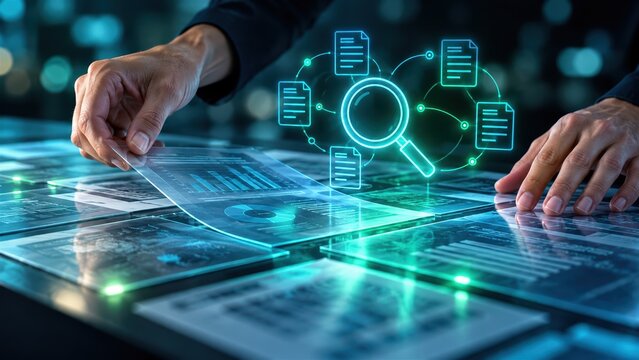 Professional analyzing digital data documents with futuristic holographic interface for business research and information management