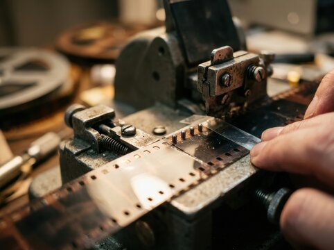 35mm film splicer closeup Filmstrip being cut or spliced using a manual film editing machine.