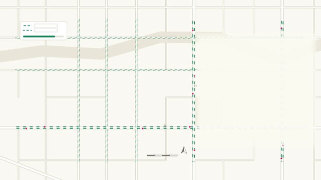 Animated traffic flow two directions streets drawn as a minimal vector city map in green and emerald on a light background. Smooth 4K seamless loop with blank markers and room for your own captions. W