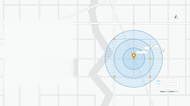 Animated coverage rings expanding outward map drawn as a minimal vector city map in blue and azure on a light background. Smooth 4K seamless loop with blank markers and room for your own captions. Wid