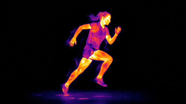 Thermal imaging of female athlete running in motion on black background with colorful infrared heat map effect for sports science, fitness exertion, and body temperature analysis concept