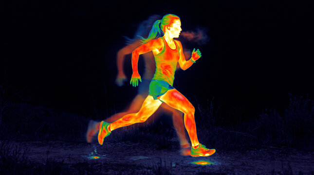 Thermal imaging of female athlete running in motion on black background with colorful infrared heat map effect for sports science, fitness exertion, and body temperature analysis concept