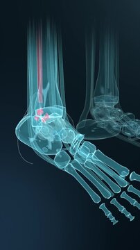 Vertical video: Animating xray lower legs and feet turning right ankle in studio, showing red joint