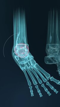 Vertical video: Falling clear feet causing zoom, left ankle turning showing pink joint in med view