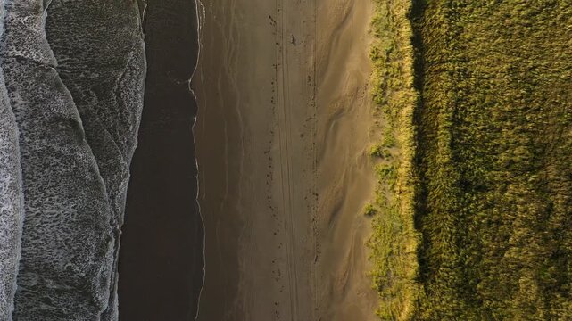 Waves border wet sand and golden dune grasses at Langevelderslag, Netherlands, top-down aerial backdrop, minimal landscape divided into glowing thirds