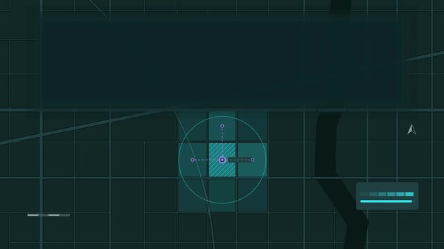 Seamless 4K looping map animation: hotspot pulsing on map district. Clean flat vector city map with street grid, blocks and blank labels in teal and cyan on a dark background, leaving copy space for y
