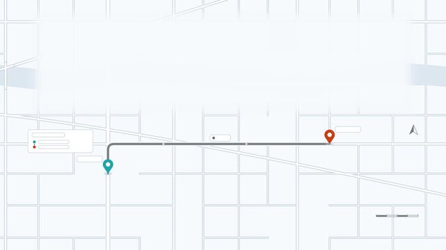 Seamless 4K looping map animation: pin pair with connector line. Clean flat vector city map with street grid, blocks and blank labels in teal and cyan on a light background, leaving copy space for you