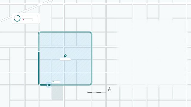 Animated navigation cursor circling district loop drawn as a minimal vector city map in teal and cyan on a light background. Smooth 4K seamless loop with blank markers and room for your own captions. 