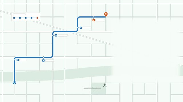 Animated checkpoint markers appearing route map drawn as a minimal vector city map in blue and azure on a light background. Smooth 4K seamless loop with blank markers and room for your own captions. W