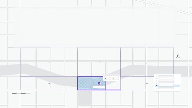 Animated district selected on map view drawn as a minimal vector city map in blue and azure on a light background. Smooth 4K seamless loop with blank markers and room for your own captions. Widescreen
