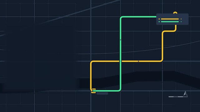 Animated return route drawing loop map drawn as a minimal vector city map in blue and azure on a dark background. Smooth 4K seamless loop with blank markers and room for your own captions. Widescreen 