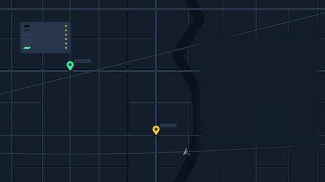 Seamless 4K looping map animation: map base layers appearing stack. Clean flat vector city map with street grid, blocks and blank labels in blue and azure on a dark background, leaving copy space for 
