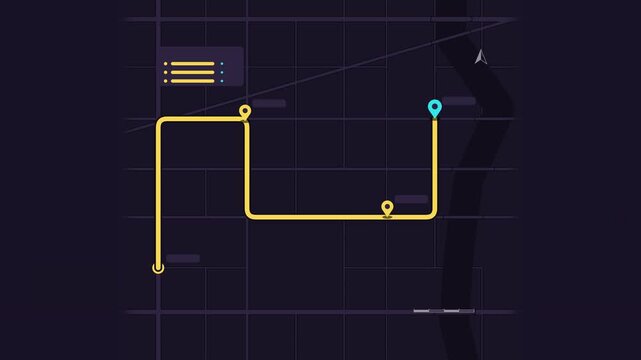 Seamless 4K looping map animation: route with stops drawing map. Clean flat vector city map with street grid, blocks and blank labels in purple and violet on a dark background, leaving copy space for 