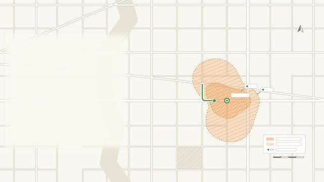 Seamless 4K looping map animation: walk time zone expanding map. Clean flat vector city map with street grid, blocks and blank labels in orange and amber on a light background, leaving copy space for 