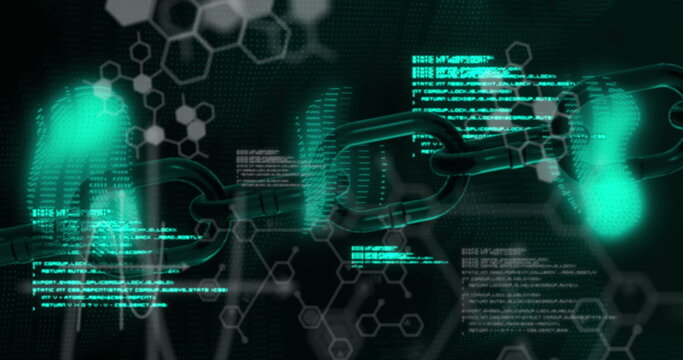 Digital blockchain technology concept with glowing chains and data codes