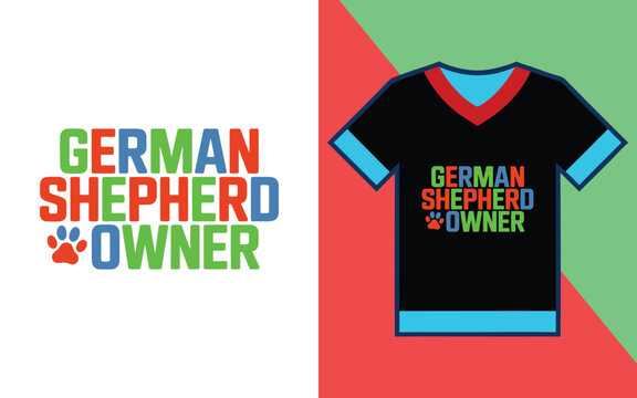 German shepherd owner text with paw print displayed on a black v-neck t-shirt mockup for dog lovers