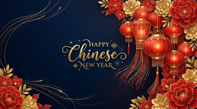 Happy chinese new year celebration background with red lanterns and blooming peony flowers greeting traditional