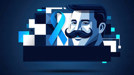 Fototapeta na wymiar illustration de movember avec visage moustachu et ruban bleu pour la santé masculine