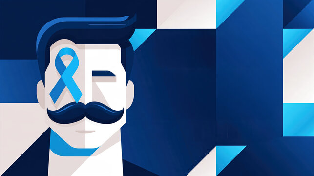 Illustration de Movember avec visage masculin moustachu et ruban bleu de sensibilisation
