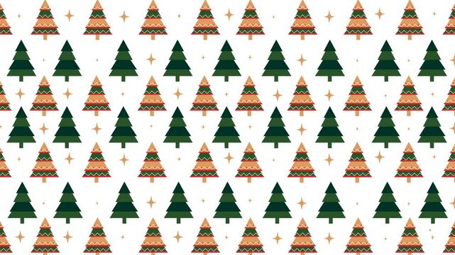 4K retro folk Christmas loop: seamless pattern of dark green pine trees, geometric nordic trees and gold sparkle stars on white background. Ideal festive backdrop for holiday intros, promos, and ads.