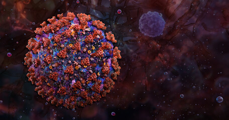 Plakat Shamonda virus particle, emerging livestock virus, orthobunyavirus, infectious disease research. 3D molecular visualization of a viral envelope with dense surface glycoproteins 