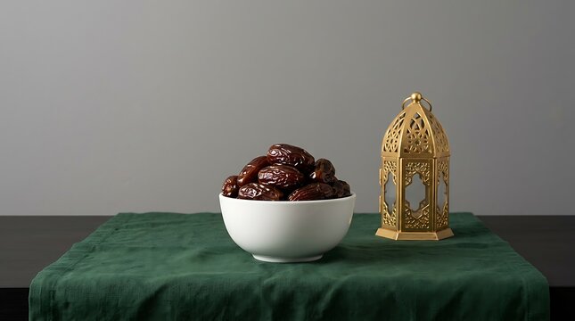 Bowl of sweet dried dates beside a decorative traditional lantern with celebration religion lighting composition
